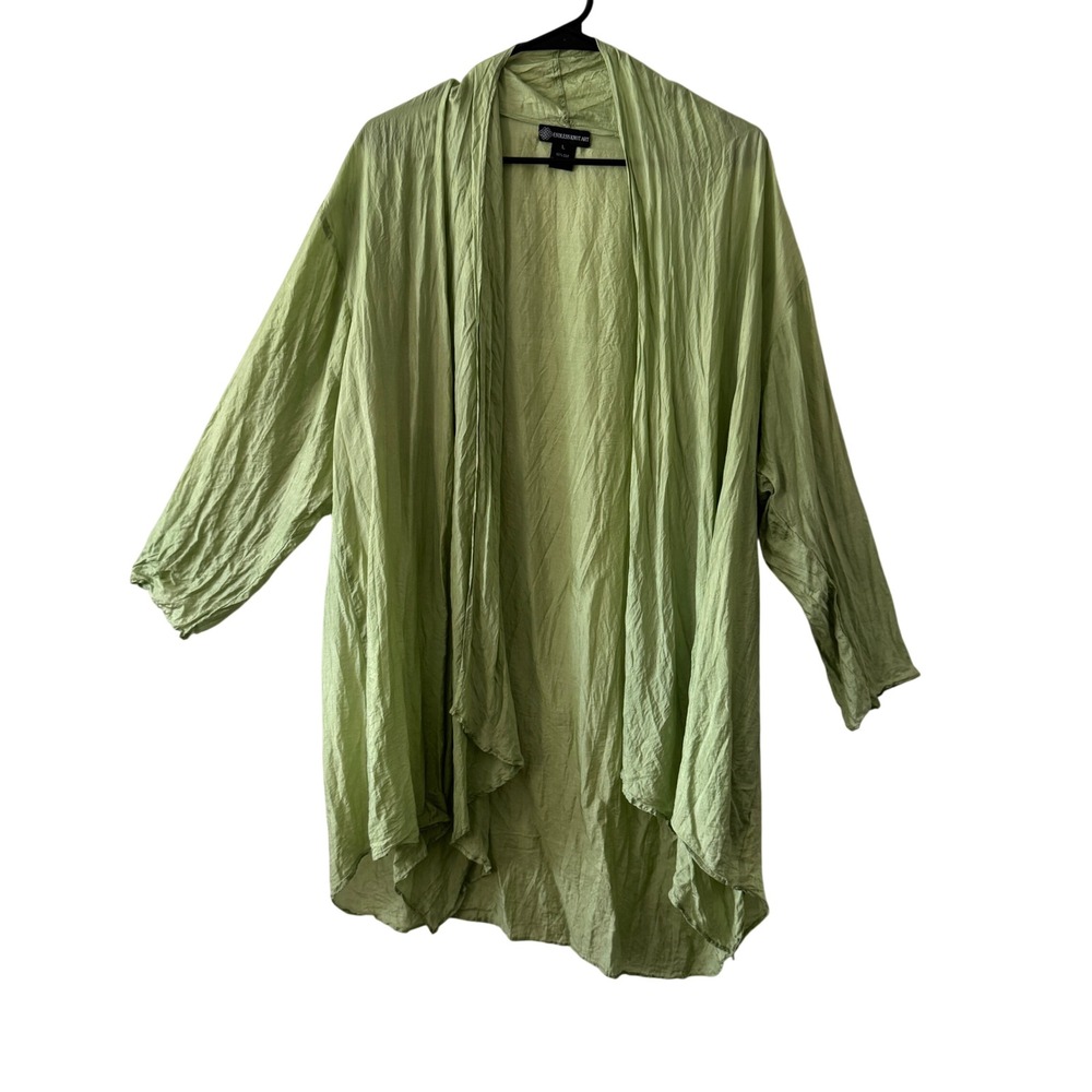 Endless Knot Art 100% Silk Open Front Cardigan L Chartreuse Lagenlook Boho Fairy